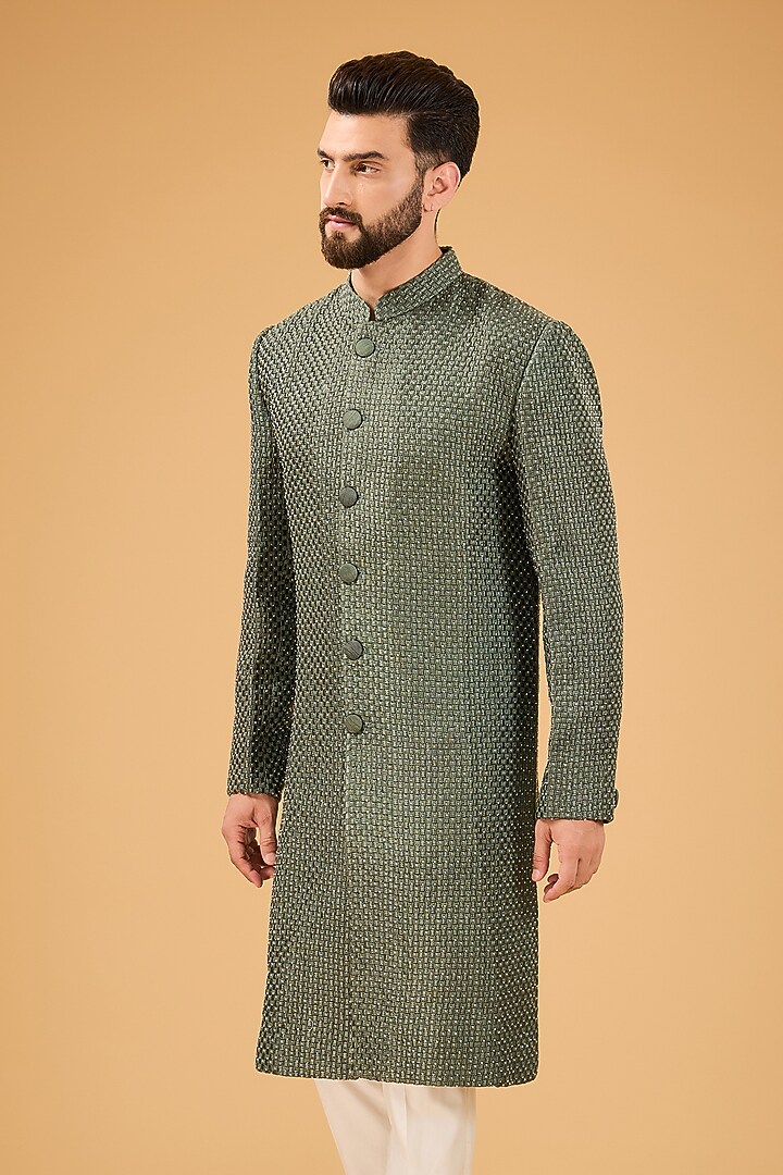 Military Green Silk Cutdana Work Wedding Sherwani by Kasbah Clothing at Pernia's Pop Up Shop