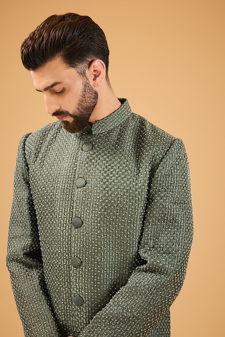 Military Green Silk Cutdana Work Wedding Sherwani by Kasbah Clothing at Pernia's Pop Up Shop