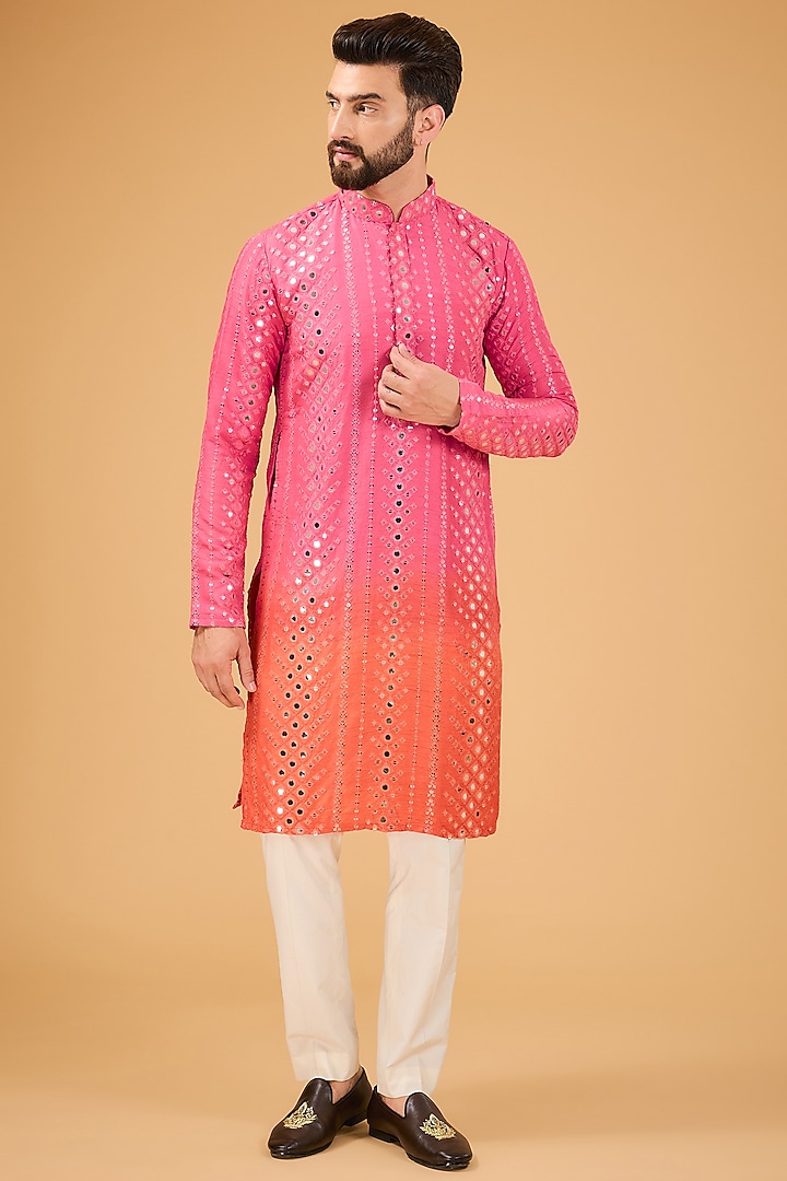 Pink Silk Mirror Work Ombre-Shaded Kurta by Kasbah Clothing