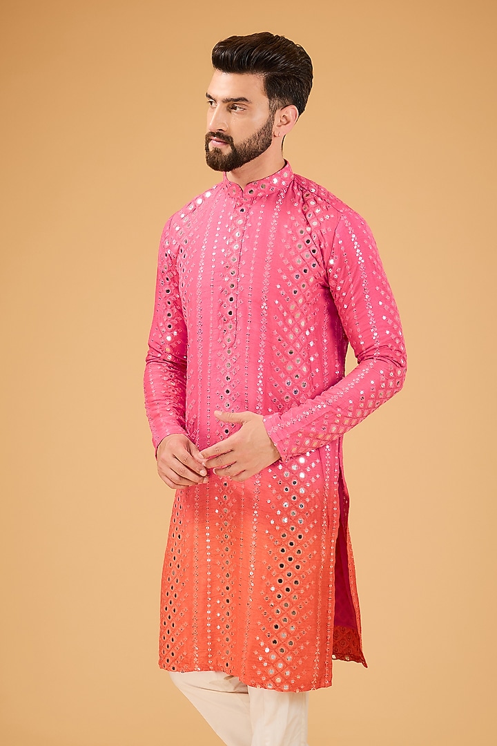 Pink Silk Mirror Work Ombre-Shaded Kurta by Kasbah Clothing at Pernia's Pop Up Shop