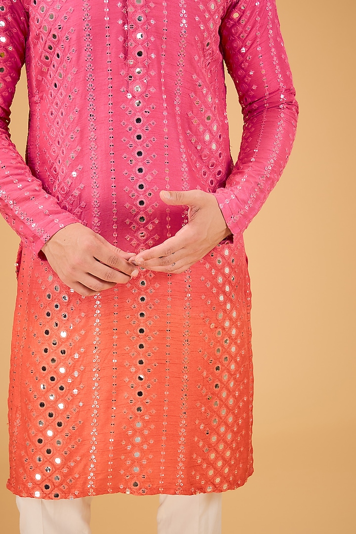 Pink Silk Mirror Work Ombre-Shaded Kurta by Kasbah Clothing at Pernia's Pop Up Shop