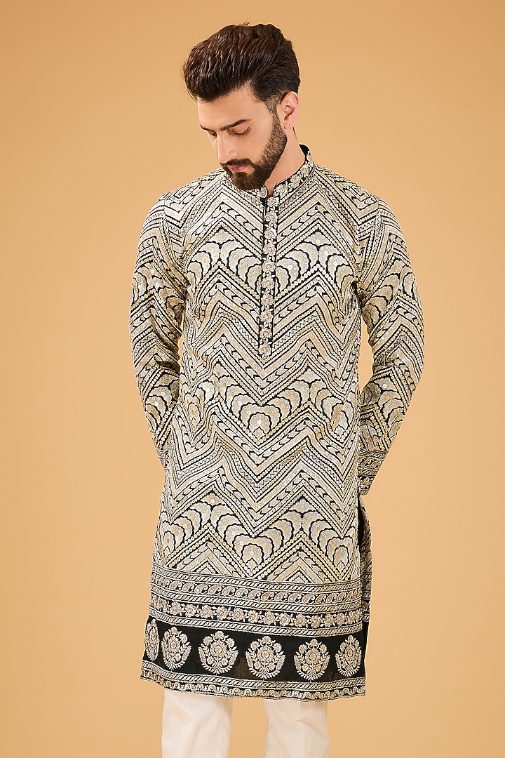 Black Silk Zari Embroidered Kurta by Kasbah Clothing at Pernia's Pop Up Shop