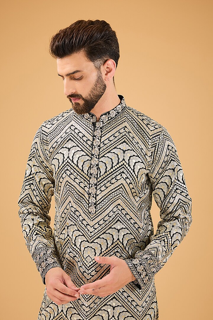 Black Silk Zari Embroidered Kurta by Kasbah Clothing at Pernia's Pop Up Shop