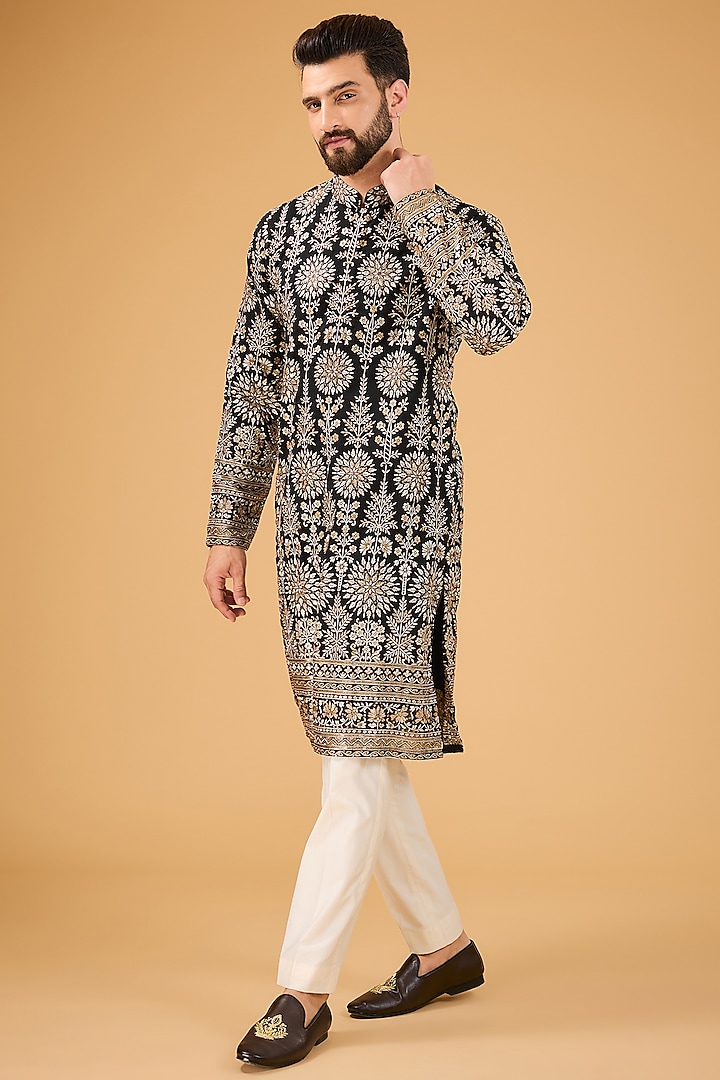 Black Georgette Embroidered Chikankari Kurta by Kasbah Clothing at Pernia's Pop Up Shop