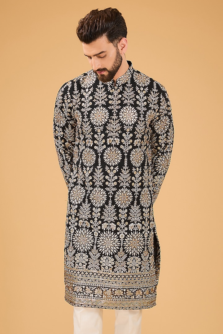 Black Georgette Embroidered Chikankari Kurta by Kasbah Clothing at Pernia's Pop Up Shop