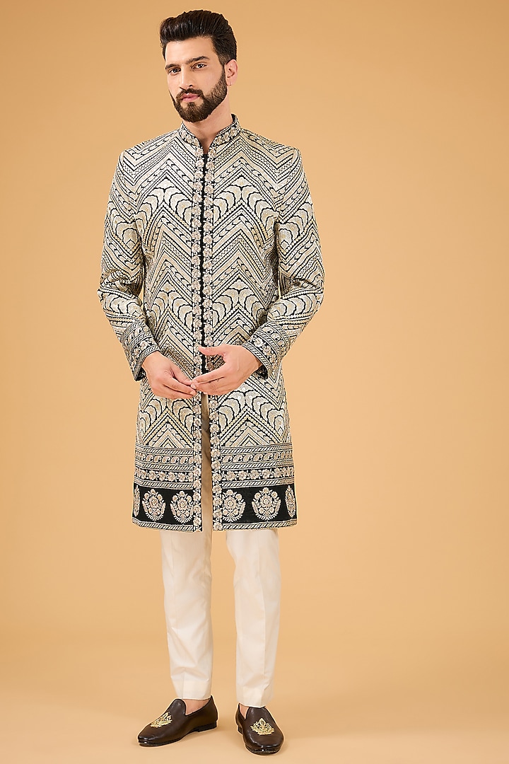 Black Silk Zari Embroidered Wedding Sherwani by Kasbah Clothing at Pernia's Pop Up Shop