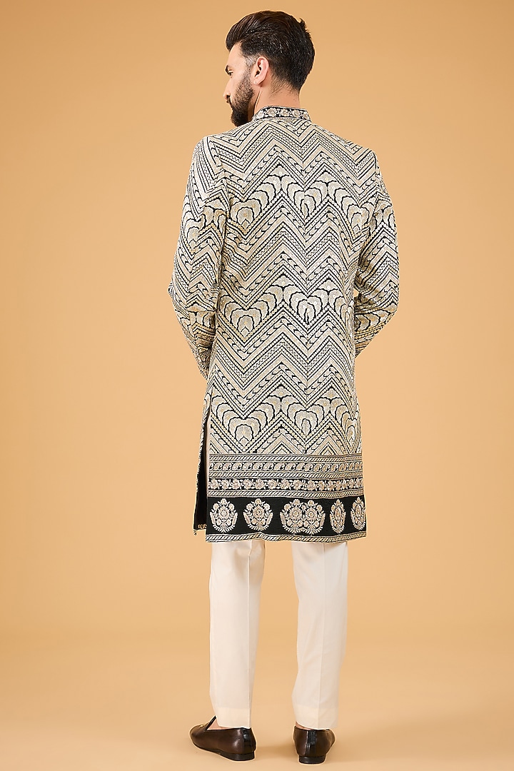Black Silk Zari Embroidered Wedding Sherwani by Kasbah Clothing at Pernia's Pop Up Shop