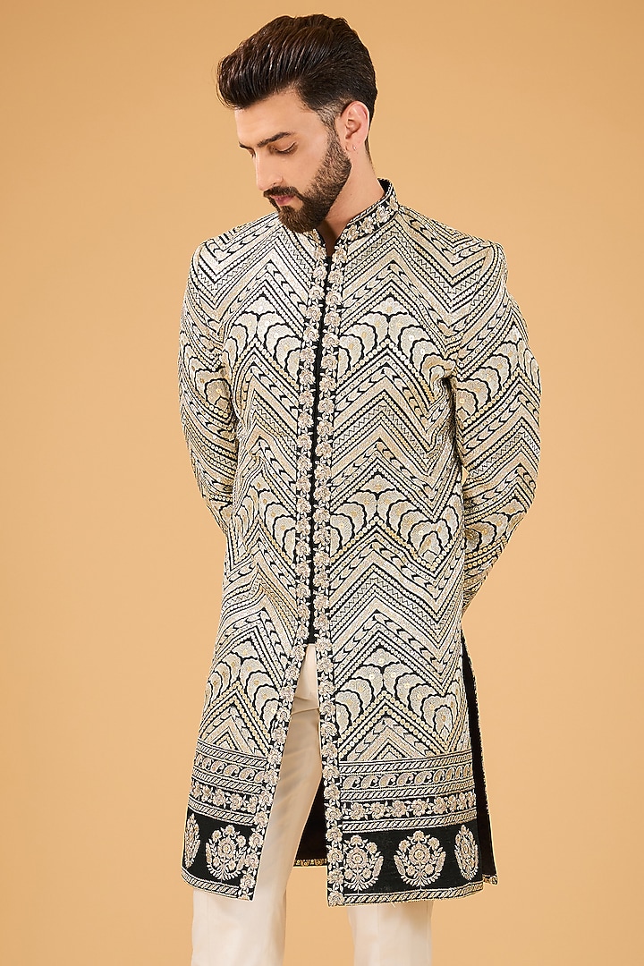 Black Silk Zari Embroidered Wedding Sherwani by Kasbah Clothing at Pernia's Pop Up Shop
