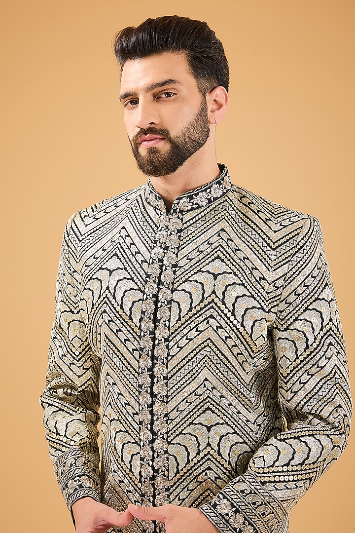 Black Silk Zari Embroidered Wedding Sherwani by Kasbah Clothing at Pernia's Pop Up Shop