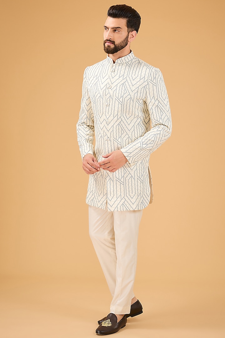 Blue & White Silk Thread Embroidered Wedding Indowestern by Kasbah Clothing at Pernia's Pop Up Shop