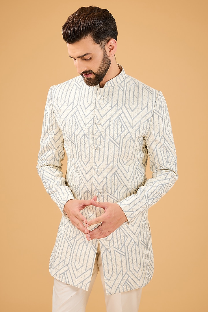 Blue & White Silk Thread Embroidered Wedding Indowestern by Kasbah Clothing at Pernia's Pop Up Shop