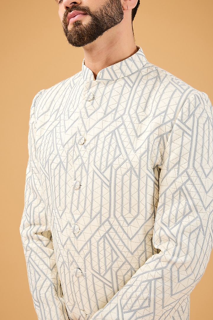 Blue & White Silk Thread Embroidered Wedding Indowestern by Kasbah Clothing at Pernia's Pop Up Shop
