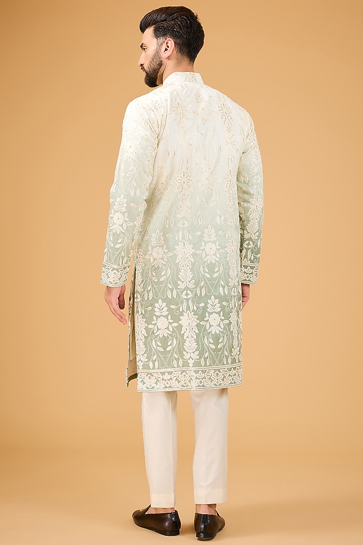Cream & Sage Green Ombre Floral Embroidered Kurta by Kasbah Clothing at Pernia's Pop Up Shop