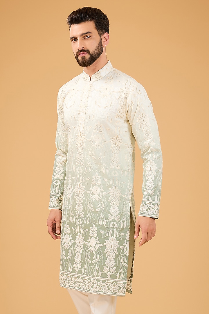 Cream & Sage Green Ombre Floral Embroidered Kurta by Kasbah Clothing at Pernia's Pop Up Shop