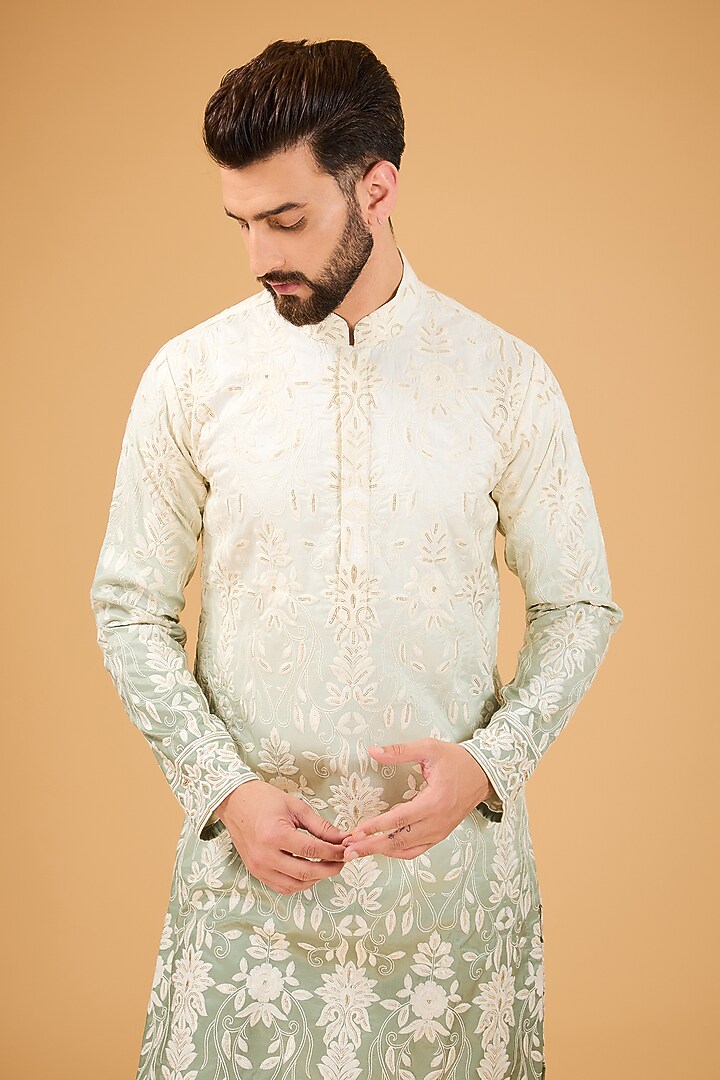 Cream & Sage Green Ombre Floral Embroidered Kurta by Kasbah Clothing at Pernia's Pop Up Shop