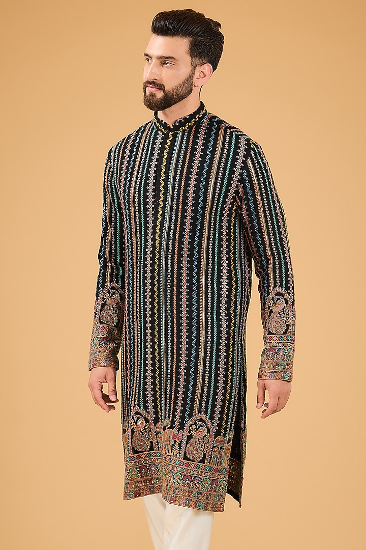 Black Georgette Thread Work Chikankari Kurta by Kasbah Clothing at Pernia's Pop Up Shop