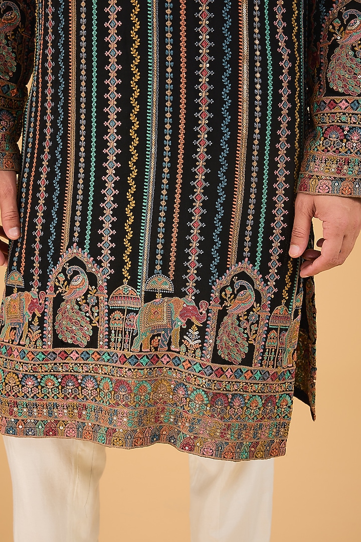 Black Georgette Thread Work Chikankari Kurta by Kasbah Clothing at Pernia's Pop Up Shop
