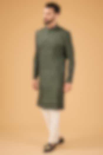 Military Green Silk Kashmiri Embroidered Sherwani by Kasbah Clothing