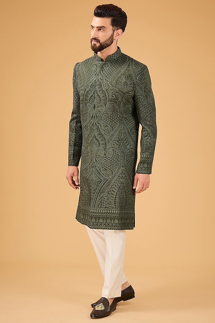 Military Green Silk Kashmiri Embroidered Sherwani by Kasbah Clothing