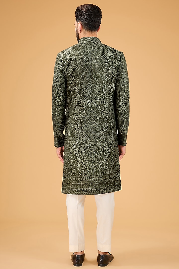 Military Green Silk Kashmiri Embroidered Wedding Sherwani by Kasbah Clothing at Pernia's Pop Up Shop