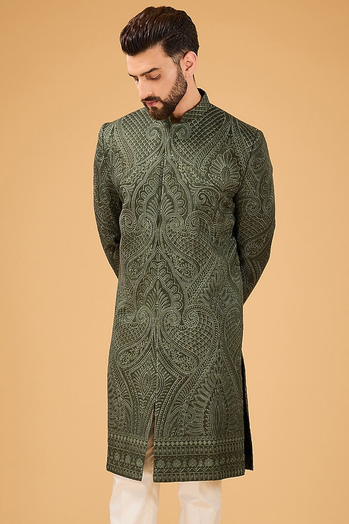 Military Green Silk Kashmiri Embroidered Wedding Sherwani by Kasbah Clothing at Pernia's Pop Up Shop