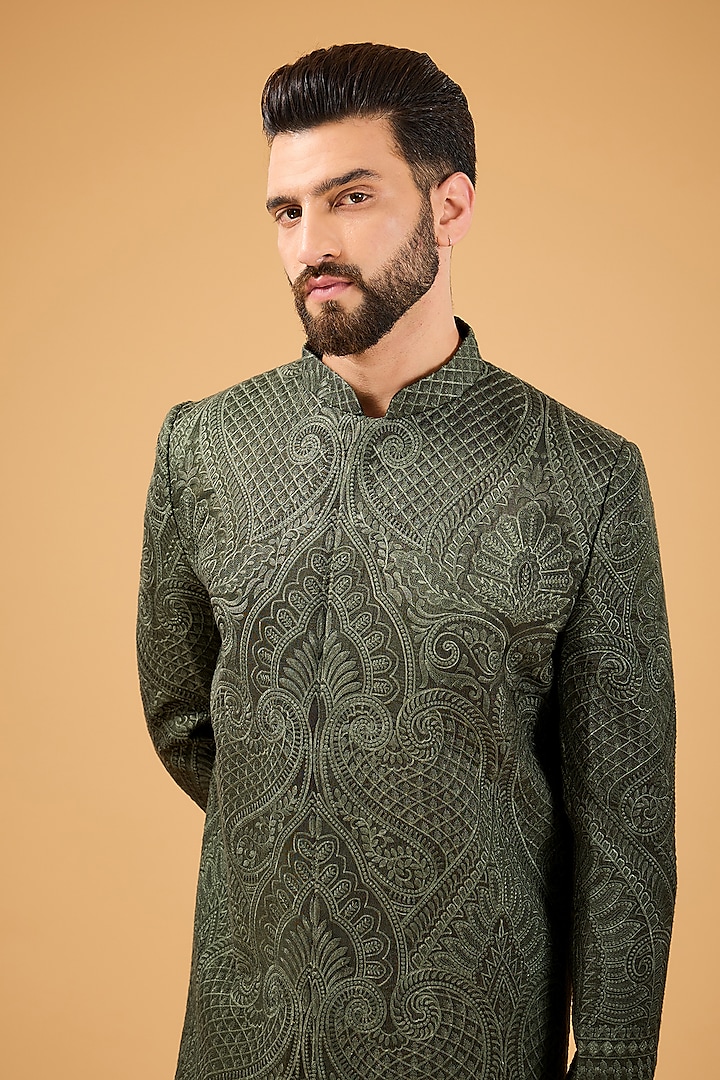 Military Green Silk Kashmiri Embroidered Wedding Sherwani by Kasbah Clothing at Pernia's Pop Up Shop
