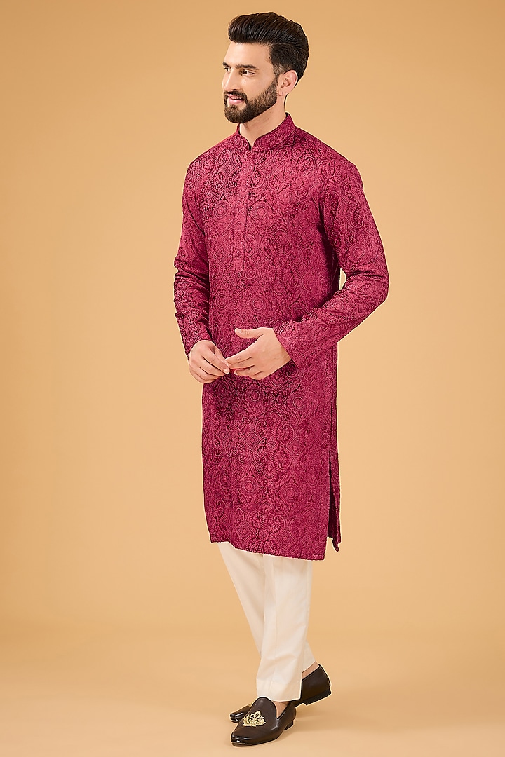 Red-Maroon Velvet Kashmiri Embroidered Kurta by Kasbah Clothing