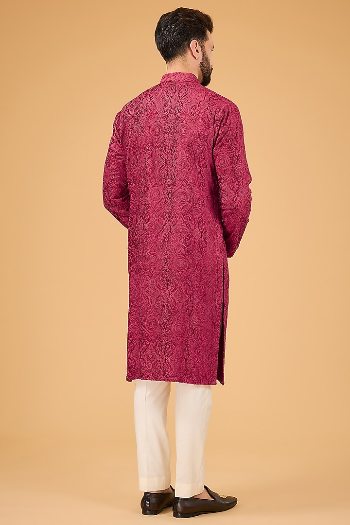 Red-Maroon Velvet Kashmiri Embroidered Kurta by Kasbah Clothing at Pernia's Pop Up Shop
