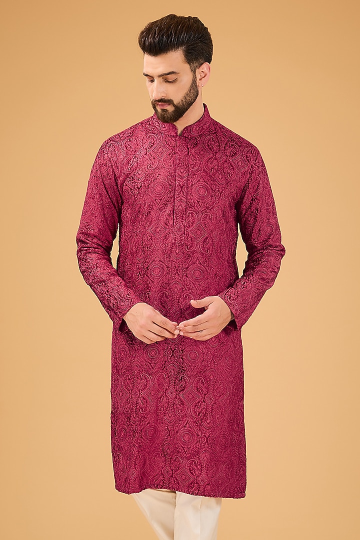 Red-Maroon Velvet Kashmiri Embroidered Kurta by Kasbah Clothing at Pernia's Pop Up Shop