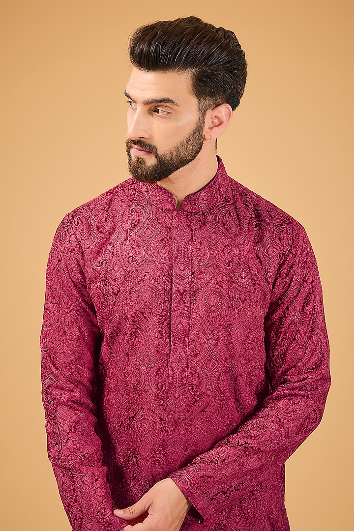 Red-Maroon Velvet Kashmiri Embroidered Kurta by Kasbah Clothing at Pernia's Pop Up Shop