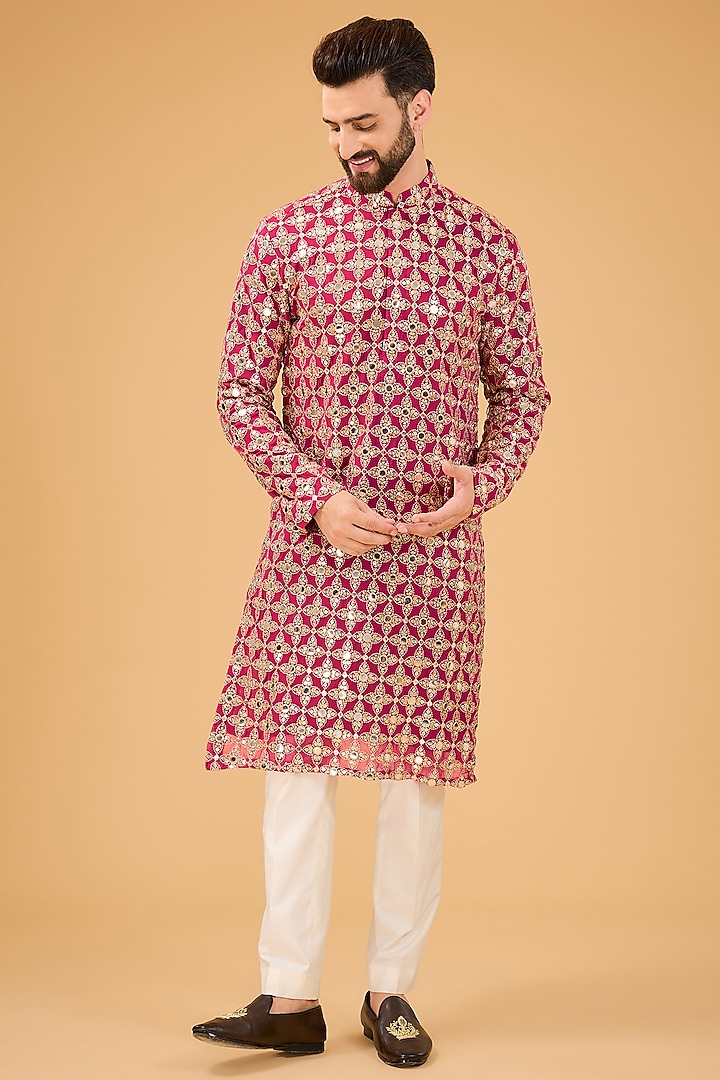 Hot Pink Georgette Mirror Embellished Kurta by Kasbah Clothing