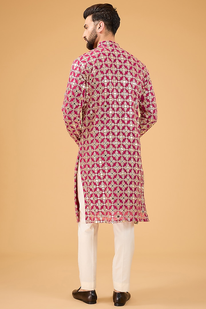 Hot Pink Georgette Mirror Embellished Kurta by Kasbah Clothing at Pernia's Pop Up Shop