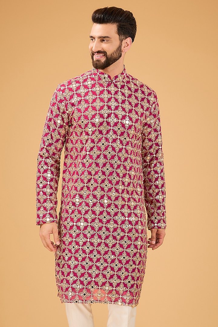 Hot Pink Georgette Mirror Embellished Kurta by Kasbah Clothing at Pernia's Pop Up Shop