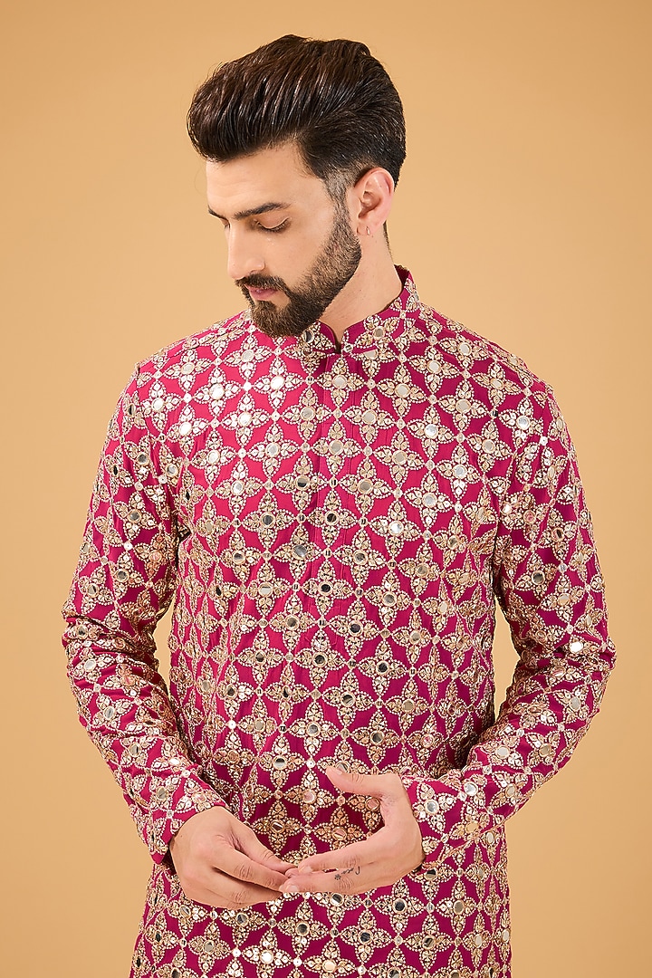 Hot Pink Georgette Mirror Embellished Kurta by Kasbah Clothing at Pernia's Pop Up Shop