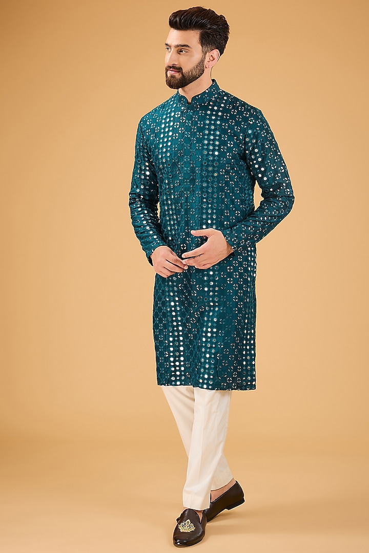 Blue Silk Mirror Work Kurta by Kasbah Clothing