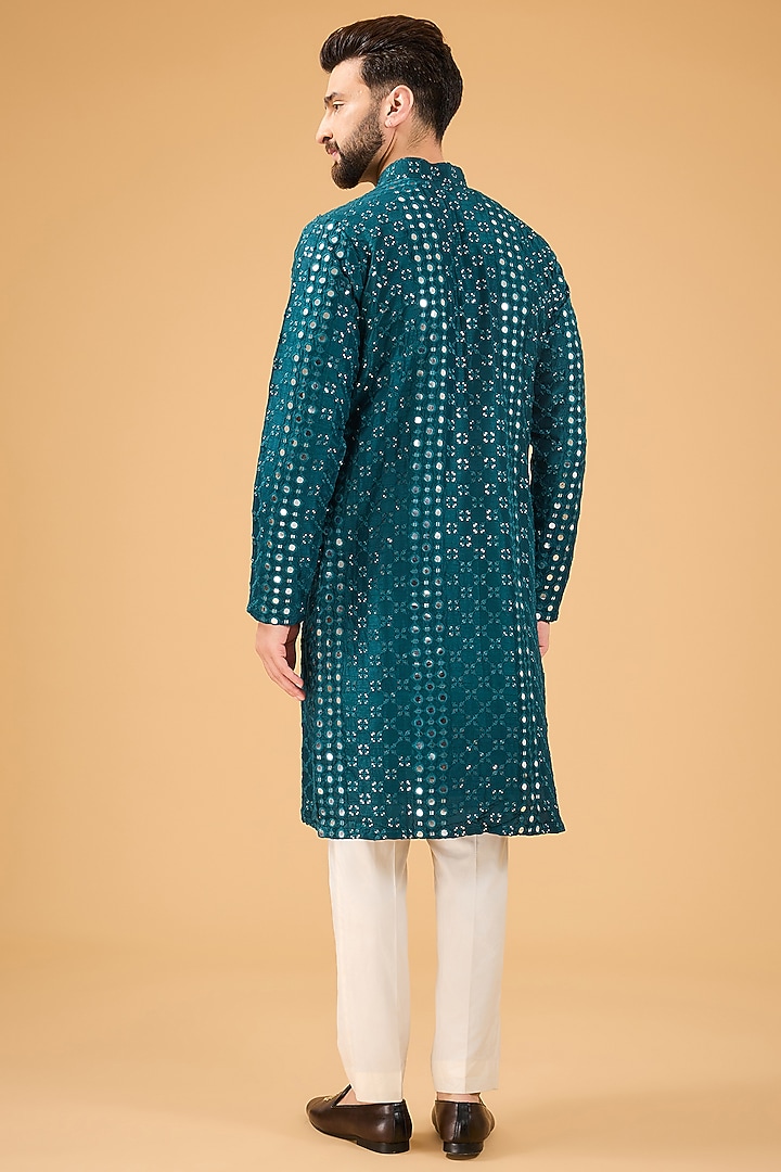 Blue Silk Mirror Work Kurta by Kasbah Clothing at Pernia's Pop Up Shop