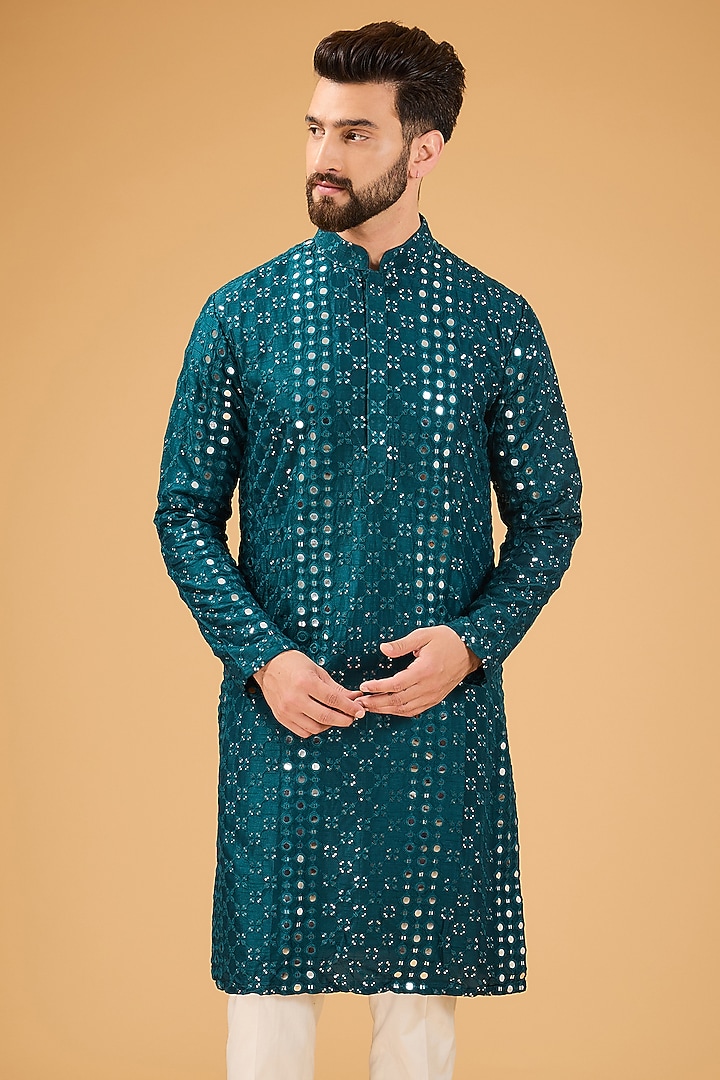 Blue Silk Mirror Work Kurta by Kasbah Clothing at Pernia's Pop Up Shop