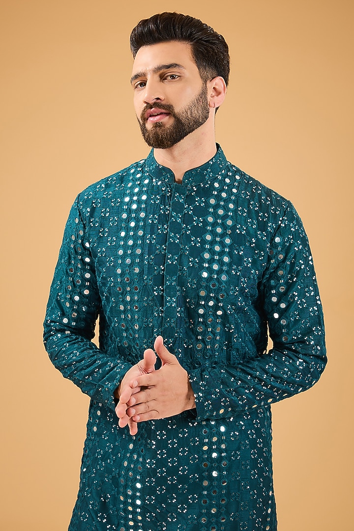 Blue Silk Mirror Work Kurta by Kasbah Clothing at Pernia's Pop Up Shop