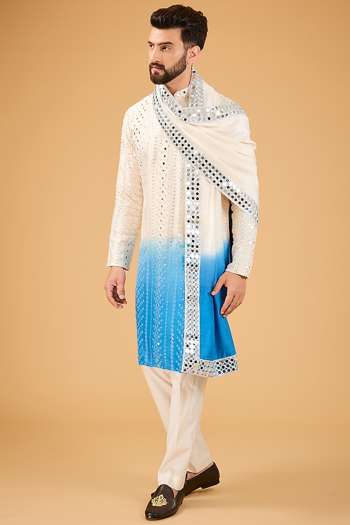 Cream-Blue Ombre Silk Mirror Work Kurta by Kasbah Clothing