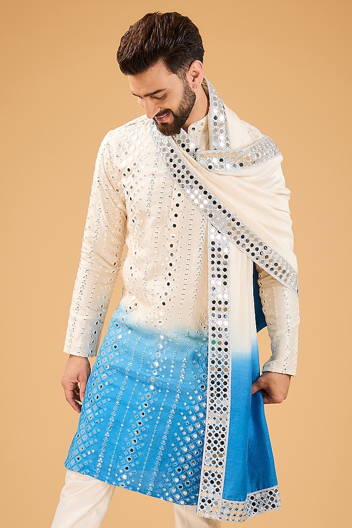 Cream-Blue Ombre Silk Mirror Work Kurta by Kasbah Clothing at Pernia's Pop Up Shop