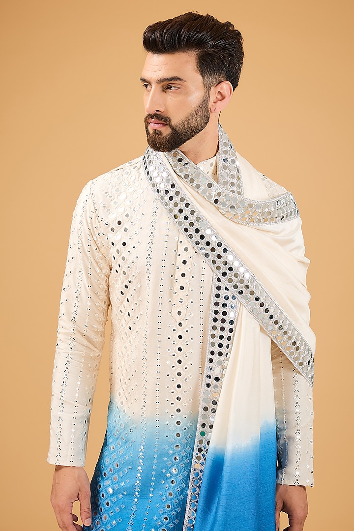 Cream-Blue Ombre Silk Mirror Work Kurta by Kasbah Clothing at Pernia's Pop Up Shop