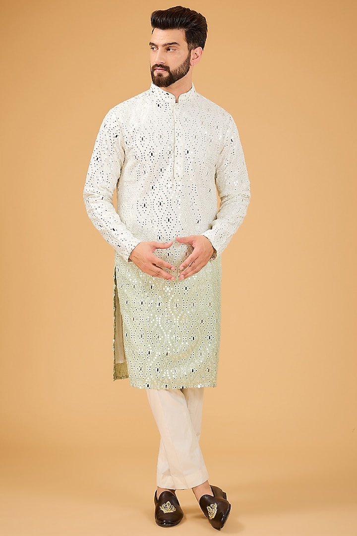 Sage Green Ombre Silk Mirror Work Kurta by Kasbah Clothing