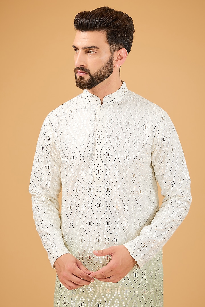 Sage Green Ombre Silk Mirror Work Kurta by Kasbah Clothing at Pernia's Pop Up Shop