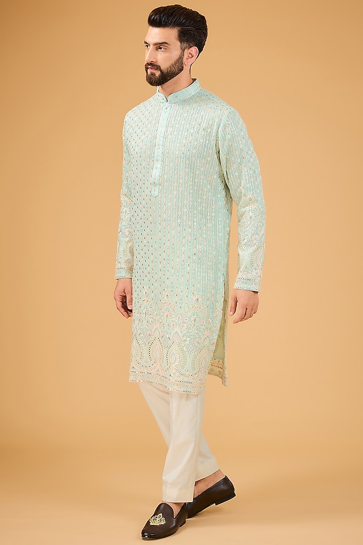 Powder Blue Georgette Thread Embroidered Kurta by Kasbah Clothing