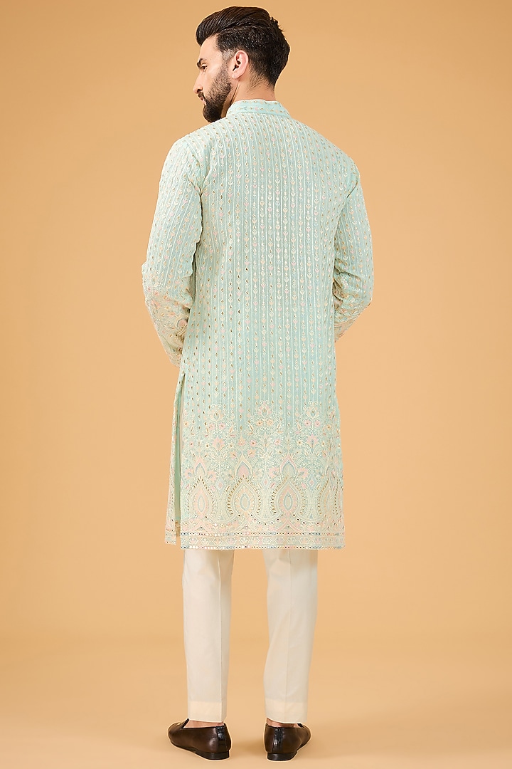 Powder Blue Georgette Thread Embroidered Kurta by Kasbah Clothing at Pernia's Pop Up Shop