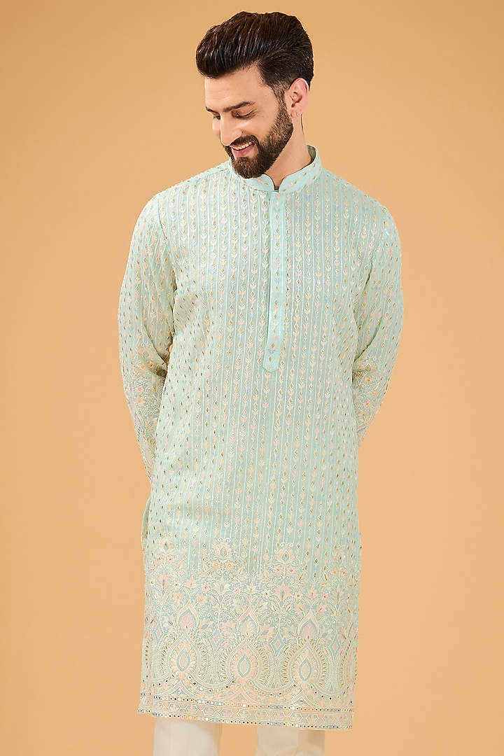 Powder Blue Georgette Thread Embroidered Kurta by Kasbah Clothing at Pernia's Pop Up Shop