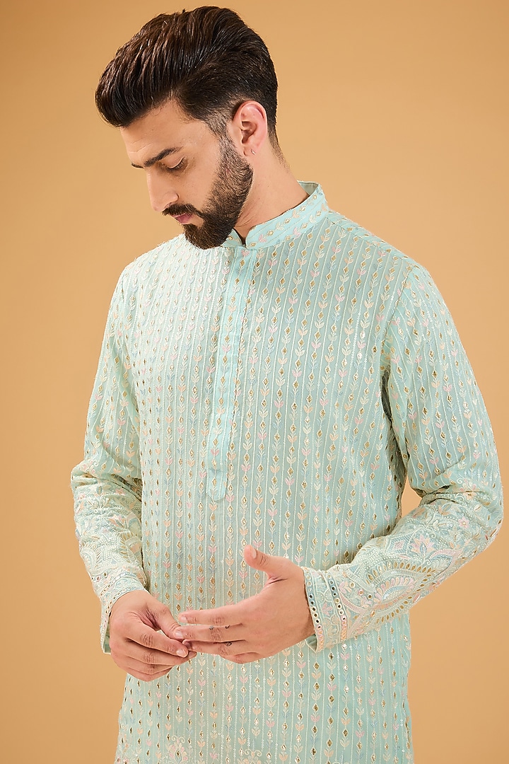 Powder Blue Georgette Thread Embroidered Kurta by Kasbah Clothing at Pernia's Pop Up Shop