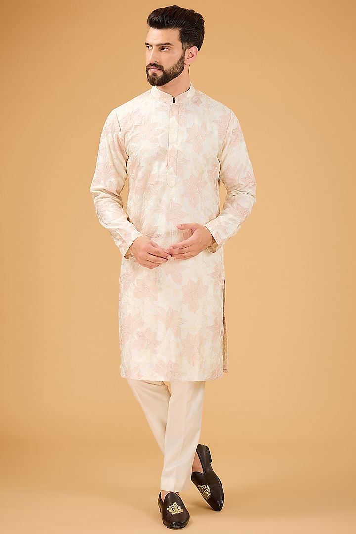 Pink & Cream Silk Threadwork Chikankari Kurta by Kasbah Clothing