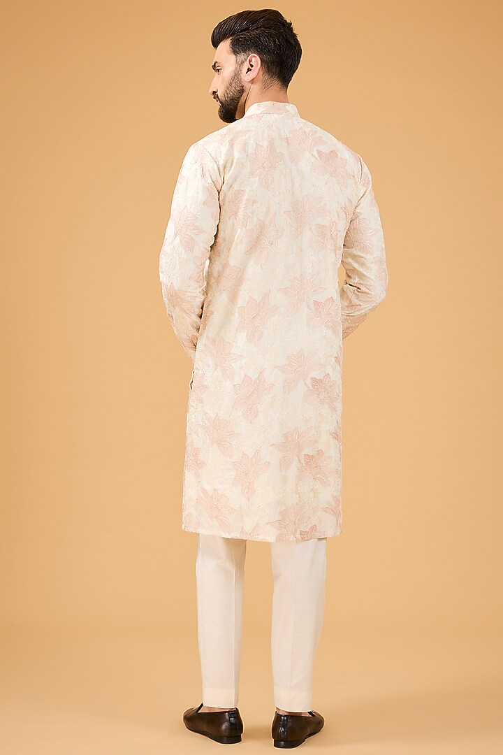Pink & Cream Silk Threadwork Chikankari Kurta by Kasbah Clothing at Pernia's Pop Up Shop