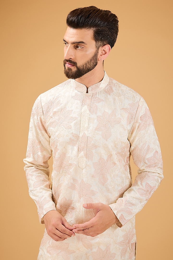 Pink & Cream Silk Threadwork Chikankari Kurta by Kasbah Clothing at Pernia's Pop Up Shop